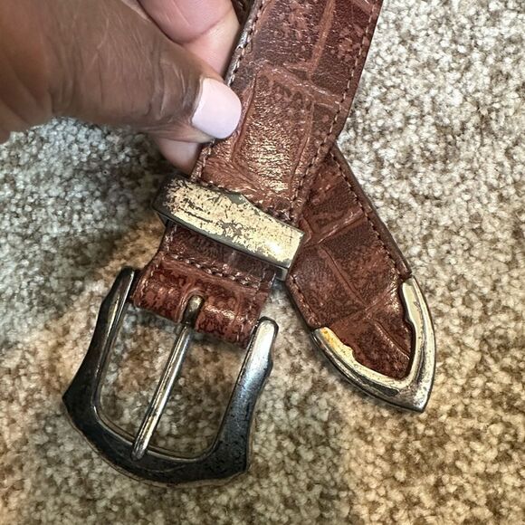 Brighton Honest VTG Brown Croc Leather Belt Silver Safari Animal Accents 30 main image 4